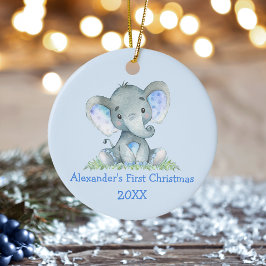 Baby First Christmas Watercolor Elephant Blue Keramik Ornament