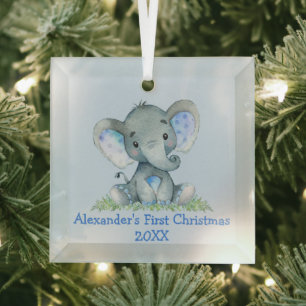 Baby First Christmas Watercolor Elephant Blue Ornament Aus Glas