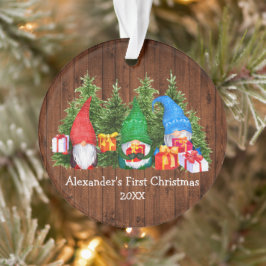 Baby First Christmas Watercolor Gnomes Rustic Ornament