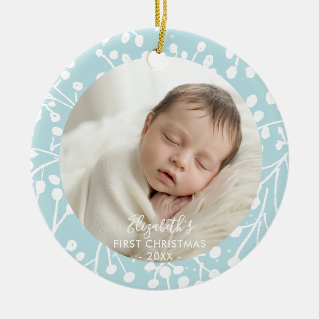Baby First Christmas Winter Botanical Berries Blue Keramik Ornament (Vorne)