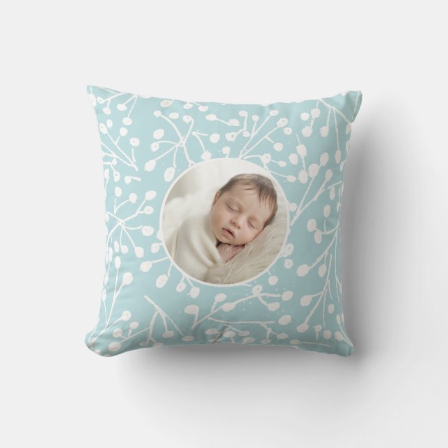 Baby First Christmas Winter Botanical Minimal Blue Kissen (Vorderseite)