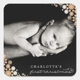 Baby First Christmas Winter Snowflakes Foto Birth Quadratischer Aufkleber