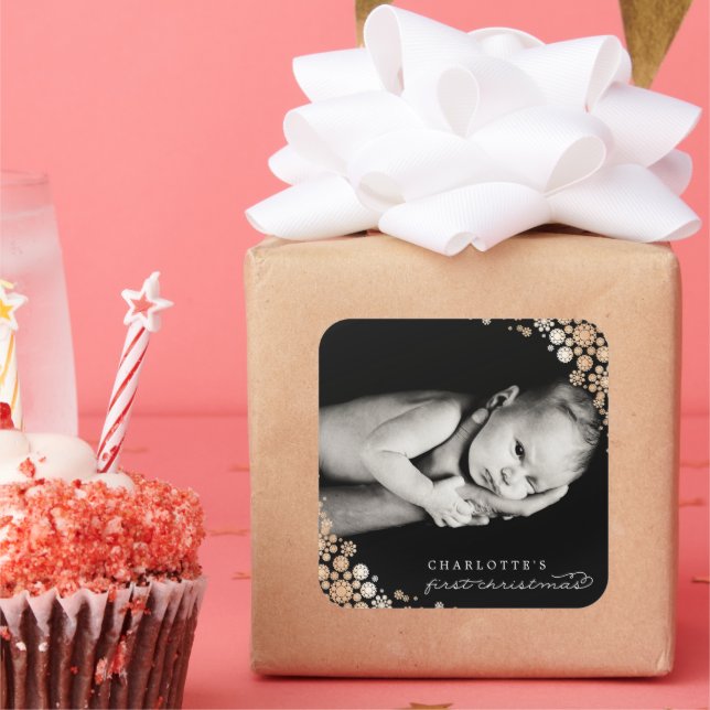 Baby First Christmas Winter Snowflakes Foto Birth Quadratischer Aufkleber (Party)