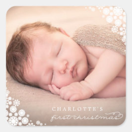 Baby First Christmas Winter Snowflakes Foto Birth Quadratischer Aufkleber
