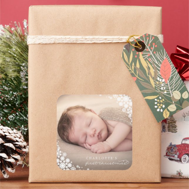 Baby First Christmas Winter Snowflakes Foto Birth Quadratischer Aufkleber (Feiertag)