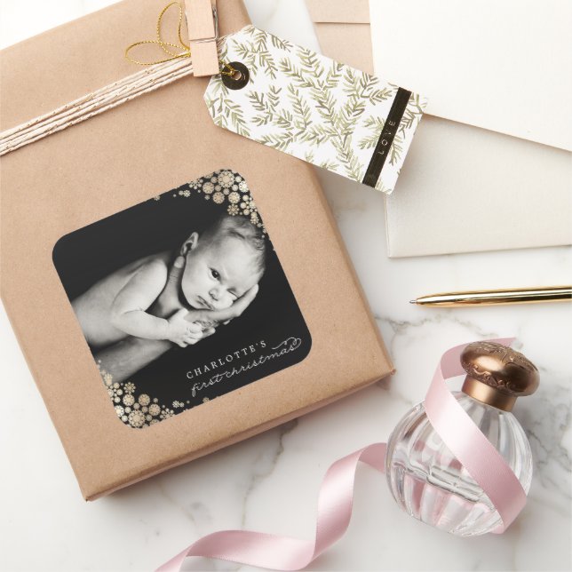 Baby First Christmas Winter Snowflakes Foto Birth Quadratischer Aufkleber (Schenken)