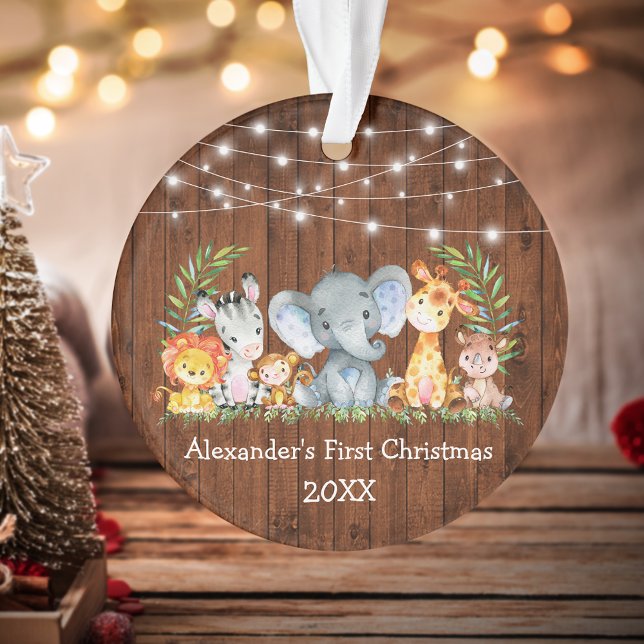 Baby First Christmas Wood Lights Safari Tiere Ornament (Customize with name and year.)