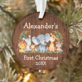 Baby First Christmas Wood Safari Tiere Runde Ornament
