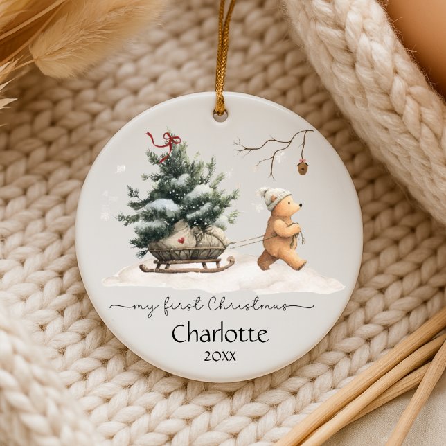 Baby First Christmas Woodland Bear Keramik Ornament (Personalize baby first Christmas with this heartwarming bear in the woods.)