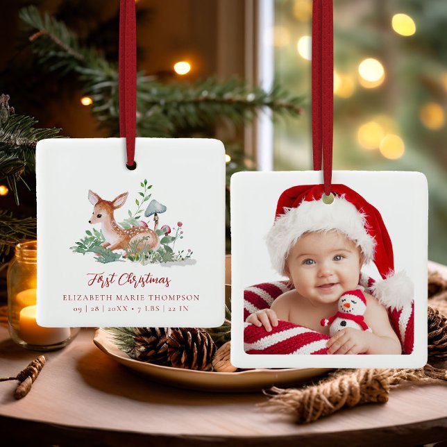 Baby First Christmas Woodland Deer Photo  Keramikornament (baby first christmas ornament woodland deer mushrooms photo template red calligraphy)