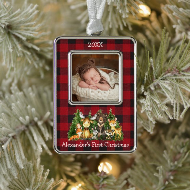 Baby First Christmas Woodland Tiere Foto Kariert Rahmen-Ornament Silber (Baum)