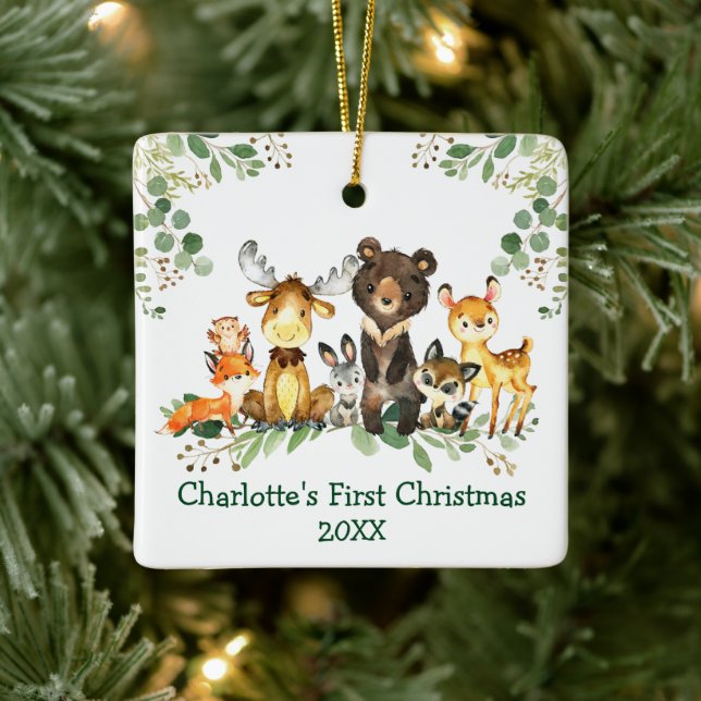 Baby First Christmas Woodland Tiere Grüne Keramikornament (Baum)