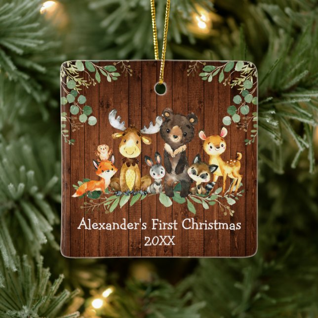 Baby First Christmas Woodland Tiere Rustikal Keramikornament (Baum)