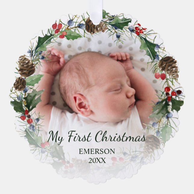 Baby First Christmas Wreath 2 Foto Ornament Karte (Vorderseite)