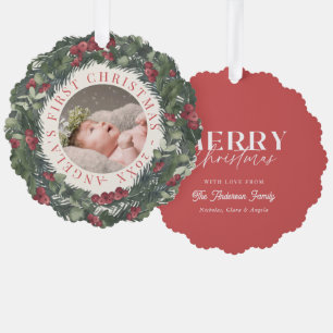 Baby First Christmas Wreath Red Holiday Foto Ornament Karte
