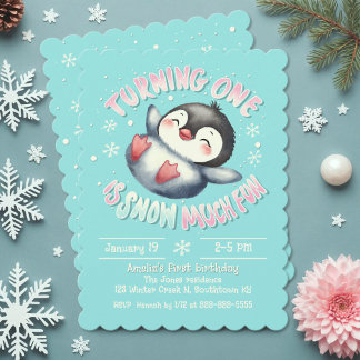 Baby First Geburtstag Niedlich Winter Pinguin Aqua Einladung