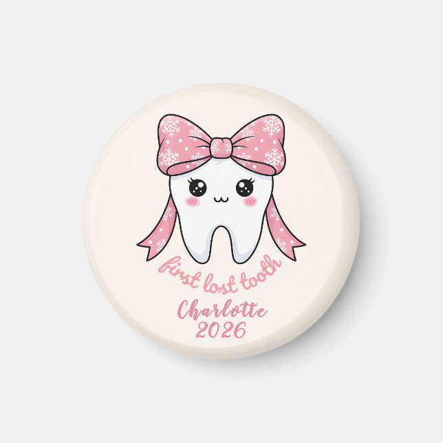 Baby First Tooth Pink Bow Milestone Kawaii Tooth Magnet (Vorne)
