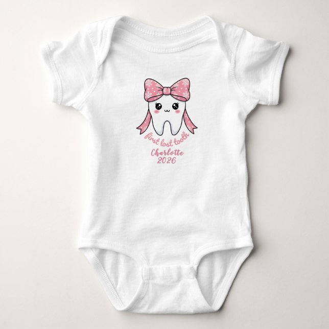 Baby First Tooth Pink Bow Milestone Kawaii Tooth Strampler (Vorderseite)
