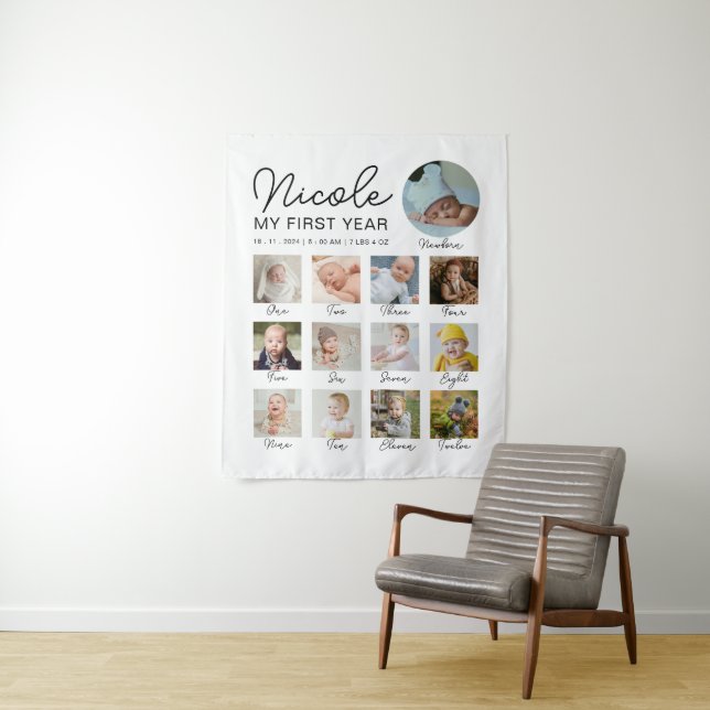 Baby First Year 12 Monate Foto Collage Modern Wandteppich (Beispiel)