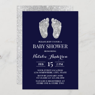 Baby Foot Modern Navy Silver Glitzer Babydusche Einladung