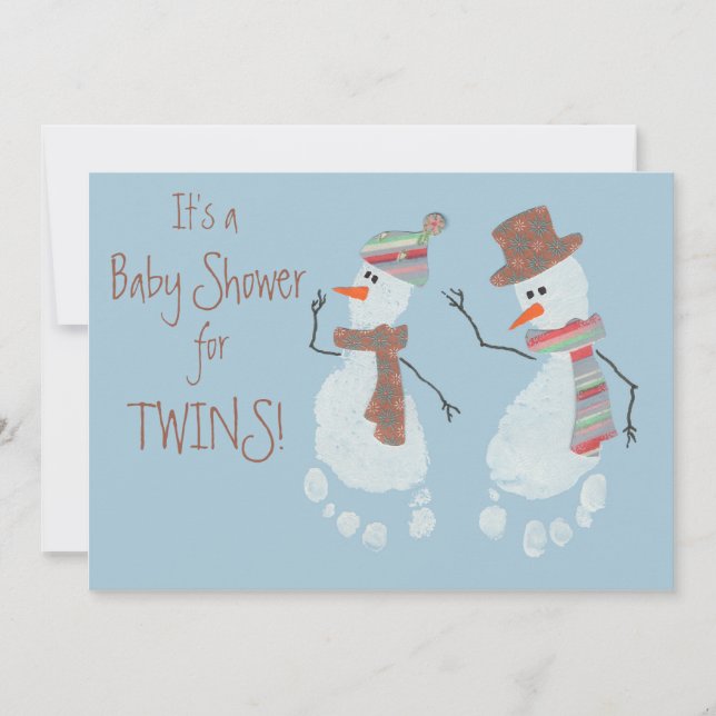 Baby Footprint Schneemann TWINS Babydusche Einladung (Vorderseite)
