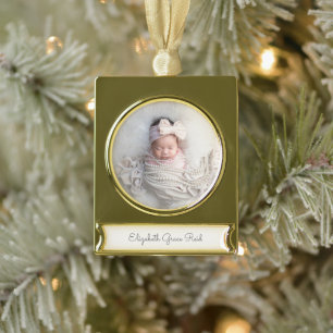 Baby FOTO Ankündigung NAME Timeless Keepake Banner-Ornament Gold