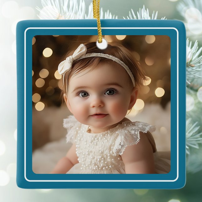 Baby Foto Aquamarin Modern Christmas White Script Keramikornament (Baby Photo Teal Modern Christmas White Script Ceramic Ornament)