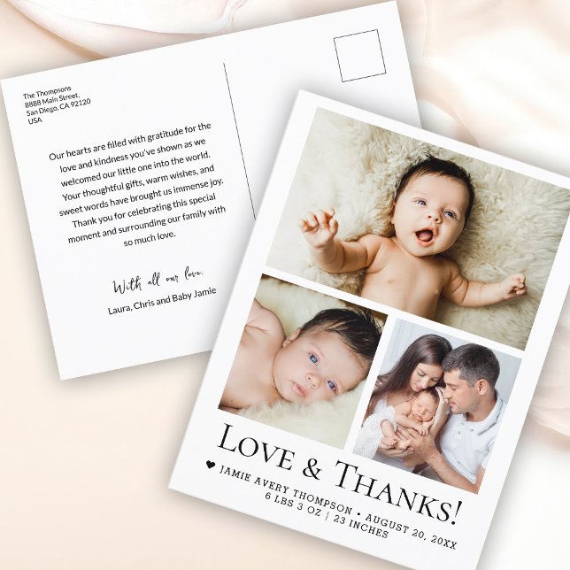Baby Foto Birth Ankündigung Liebe und Danke Postkarte (Customizable 3 baby photo Love and thanks birth announcements postcard.)