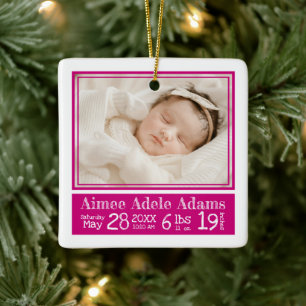 Baby Foto Birth Stats Ornament Magenta Stripes