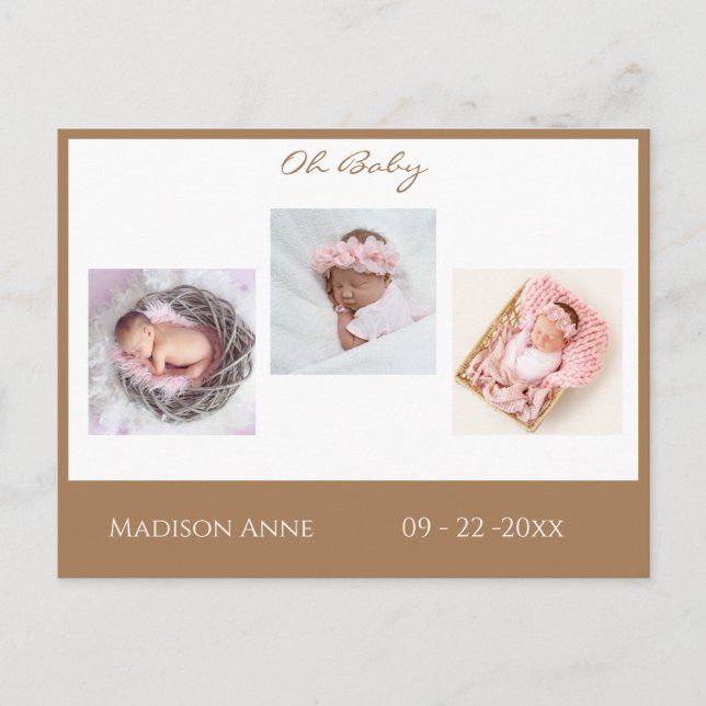 Baby Foto Brown Tan Boy oder Girl Script Birth Ankündigungspostkarte (Vorderseite)