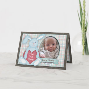 Baby Foto Card, Blue Bunny, Kariert, Sie anpassen Ankündigung
