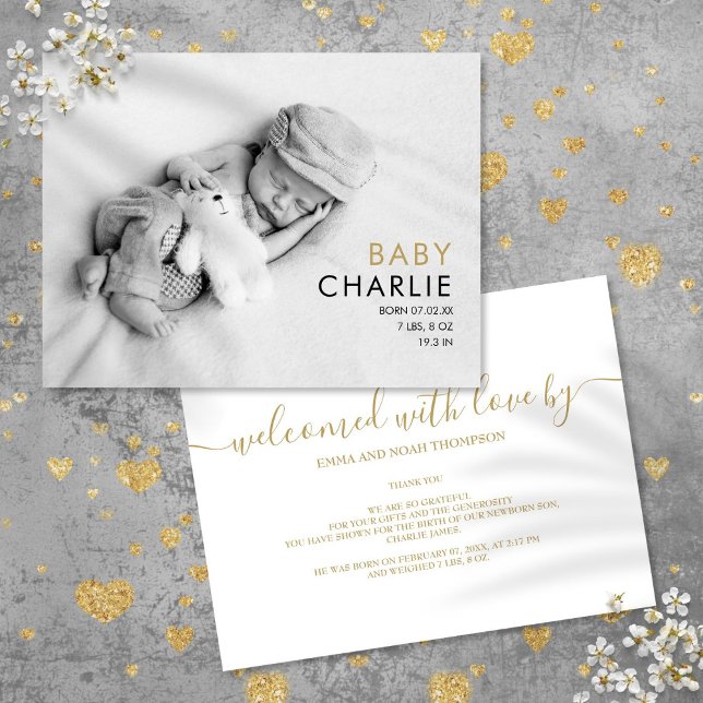 Baby Foto Chic Elegante Modernes Gold Geburt Ankündigungspostkarte (Baby Photo Chic Elegant Modern Gold Birth Announcement Postcard)