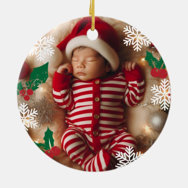 Baby Foto Christmas Mistletoe Snowflakes Keramik Ornament (Hinten)