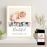 Baby Foto Collage Zigzag Picture Strip Custom Poster<br><div class="desc">Kinderposter mit personalisiertem Foto und Zickzack-Bilderleiste. Die Vorlage ist für fünf Fotos aufgerüstet - das Foto wird als Hintergrund verwendet und die restlichen 4 Fotos werden in einem Zickzack-Bilderstreifen unten dargestellt. Dieses Design hat einen weißen Hintergrund,  feine graue Fotorahmen und elegante graue Typografie,  die vollständig editierbar ist.</div>
