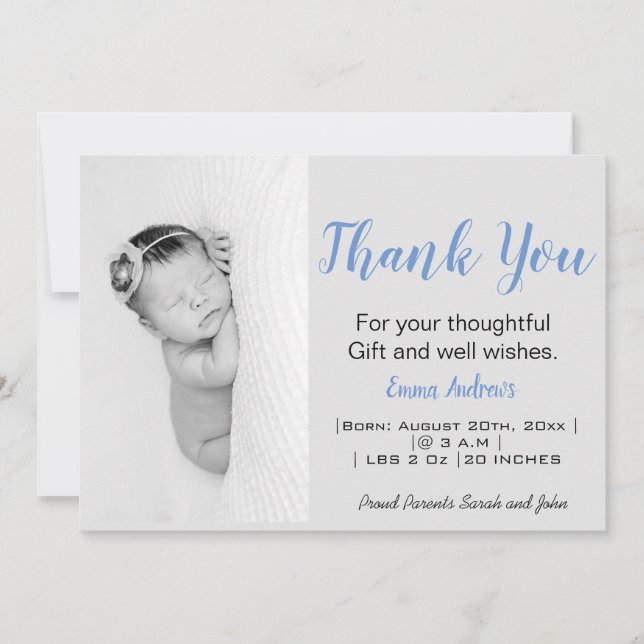 Baby Foto Danke Blue Birth Ankündigung (Vorderseite)