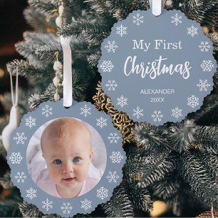 Baby-Foto Dustig Blau Erstes Weihnachten Schneeflo Ornament Karte