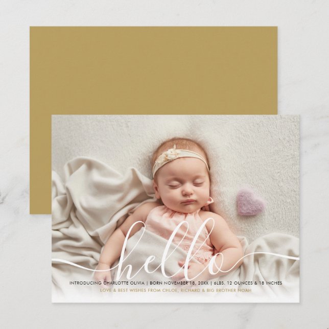 Baby Foto Elegant Script Hello Gold Birth Announ Ankündigungspostkarte (Vorne/Hinten)