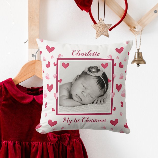 Baby Foto, Erste Weihnachten, Name, Herz Kissen (Baby Photo, First Christmas, Name, Hearts Throw Pillow)