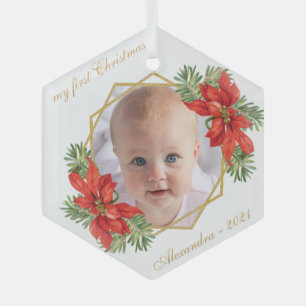 Baby-Foto Erstes Weihnachten Florales Gold Weihnac Ornament Aus Glas