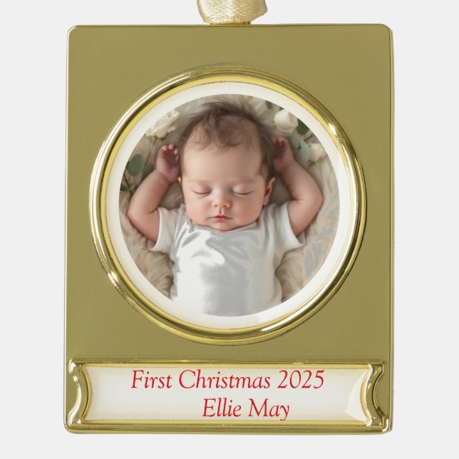 Baby Foto First Christmas Deer Banner-Ornament Gold (Vorderseite)