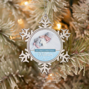 Baby Foto First Christmas Schneeflocken Zinn-Ornament