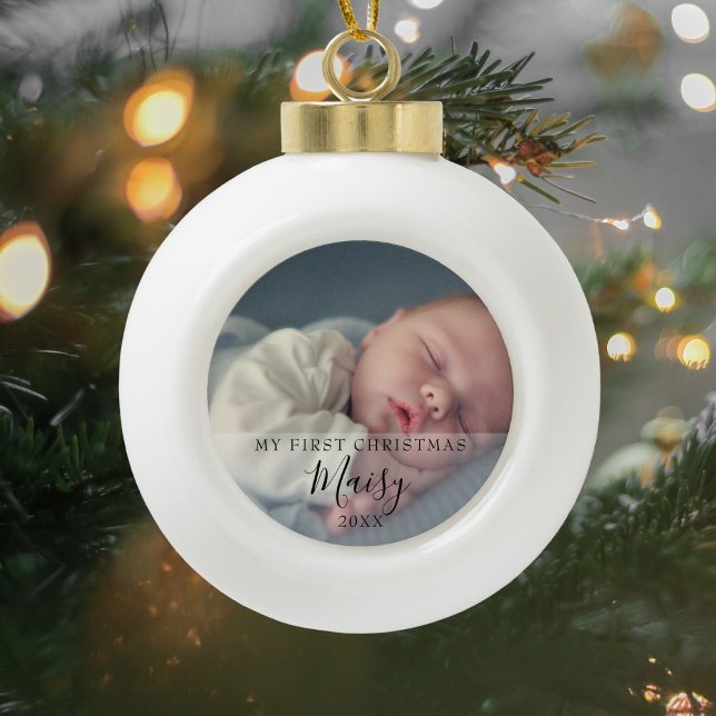 Baby Foto First Christmas Script Keramik Kugel-Ornament (Von Creator hochgeladen)
