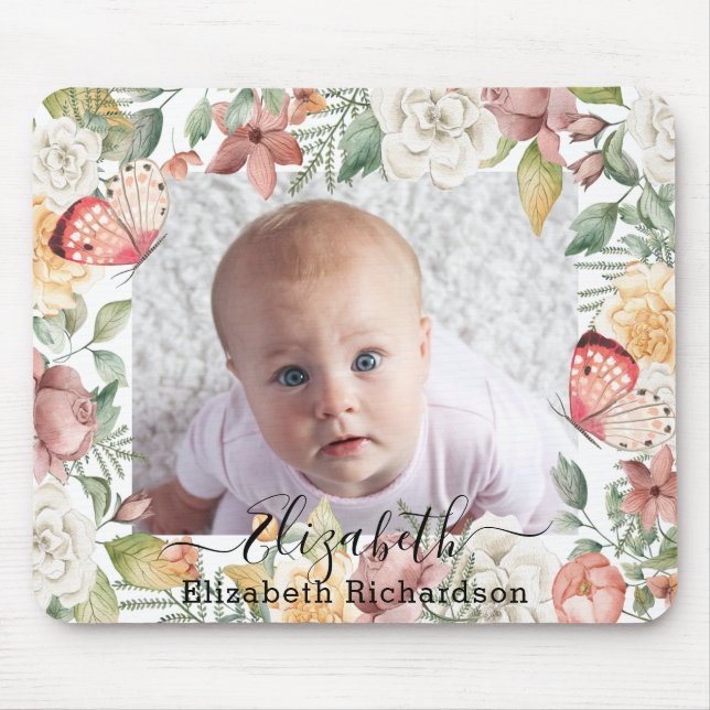 Baby Foto Floral Rose Pink Butterfly Botanisch Mousepad (Vorne)