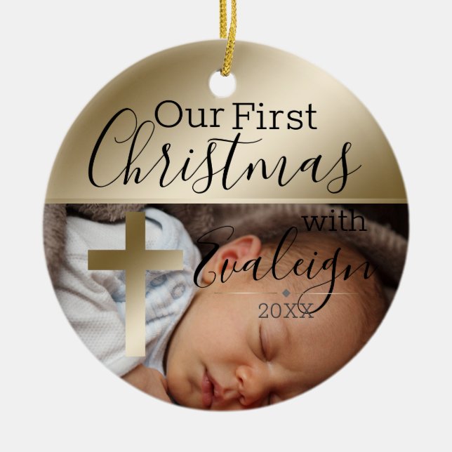 Baby Foto Gold Religious Cross Erste Weihnachten Keramik Ornament (Vorne)