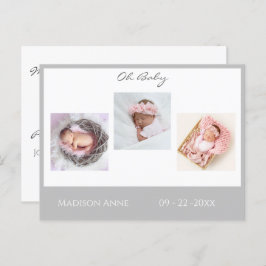 Baby Foto Gray Boy oder Girl Script Stats Birth Ankündigungspostkarte