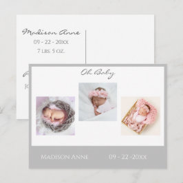 Baby Foto Gray Boy oder Girl Script Stats Birth Ankündigungspostkarte