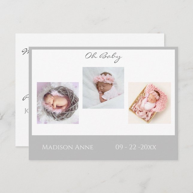 Baby Foto Gray Boy oder Girl Script Stats Birth Ankündigungspostkarte (Vorne/Hinten)