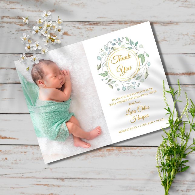 Baby Foto Greenery Floral Gold Vielen Dank für Ihr Ankündigungspostkarte (Von Creator hochgeladen)