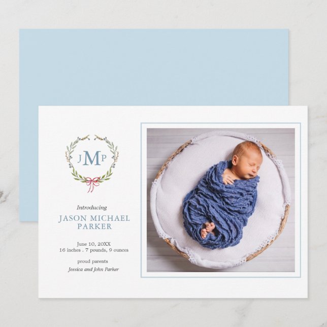 Baby Foto Greenery mit Monogramm Ankündigung (Vorne/Hinten)