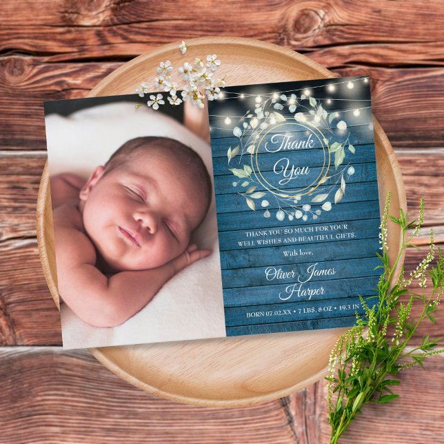 Baby Foto Greenery Rustic Blue Vielen Dank für Ihr Ankündigungspostkarte (Von Creator hochgeladen)